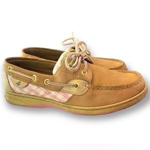 SPERRY 💕 Pink & White Gingham Plaid Sequin Sherry Topside Boat Shoes | Size 7.5